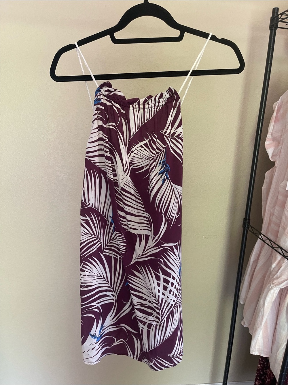 Tropical Print Spaghetti Strap Dress - Plum & White